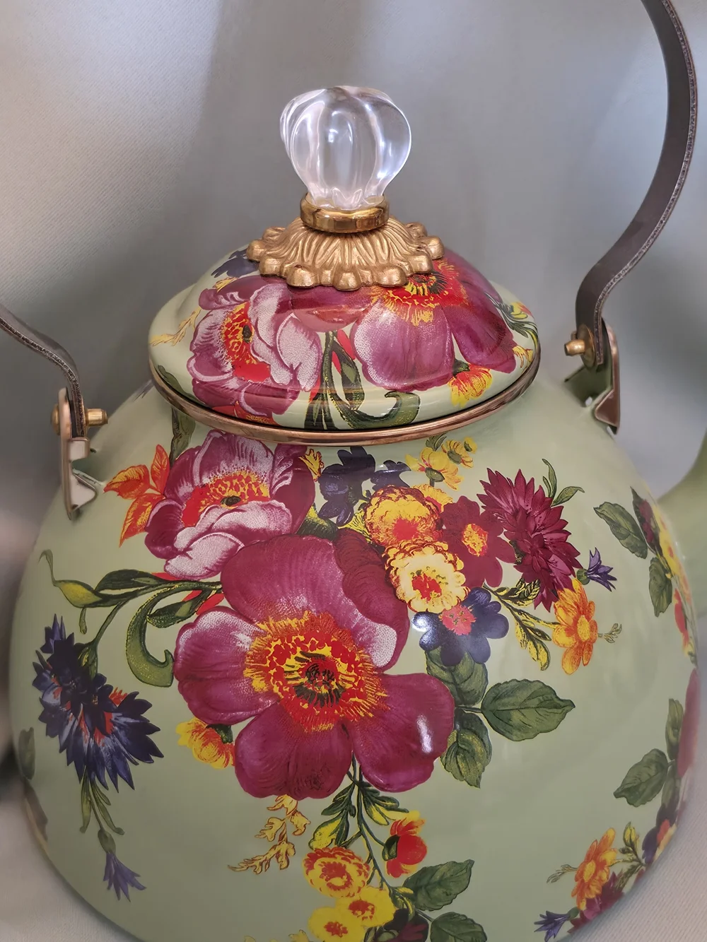 MacKenzie-Childs Sage Green Floral Enamel Tea Kettle with Pink and Yellow Blooms